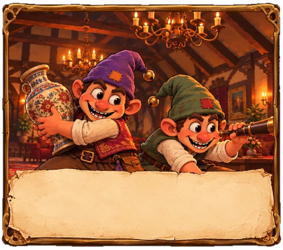 Two grinning Whispers sneaking off with a vase and a spyglass