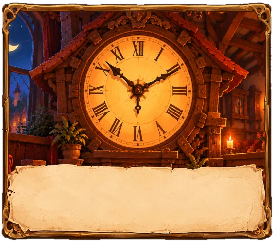 A large wooden clock glowing by candlelight